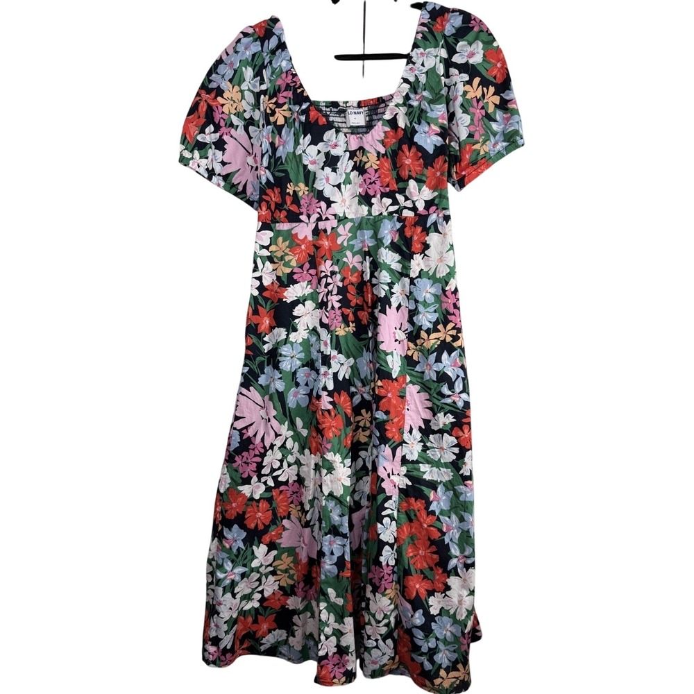 Old Navy Blue Floral Puff Sleeve Smocked Back Midi Dress Pockets Medium Cottage